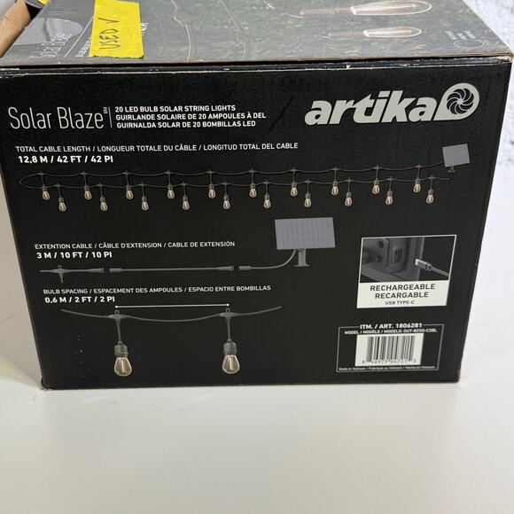 Artika Blaze 20 LED Bulb Outdoor Solar String Lights Matte Black, USED in box - Picture 8 of 12